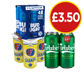 Bud Light, Fosters Shandy, Carlsberg - Now Only £3.50 at Budgens