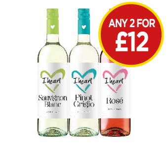 I Heart Wine Sauvignon Blanc, Pinot Grigio, Rosé - Any 2 for £12 at Budgens