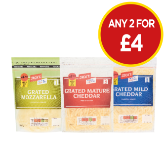 Jack's Grated Mozzarella, Mature Cheddar, Mild Cheddar - Any 2 for £4 at Budgens