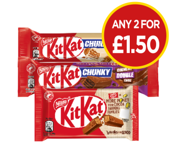 KitKat, Chunky Lotus, Crunchy Double Choc - Any 2 for £1.50 at Budgens