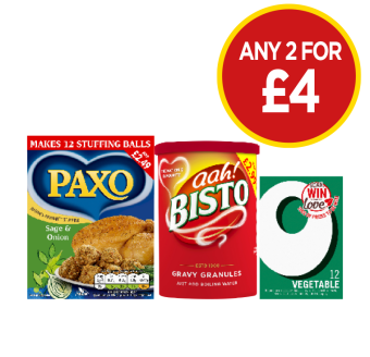 Paxo Stuffing, Aah Bisto, Oxo Cubes Vegetable - Any 2 for £4 at Budgens