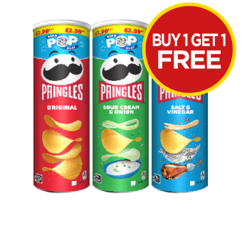 Pringles Original, Sour Cream & Chive, Salt & Vinegar - Buy 1 Get 1 FREE at Budgens