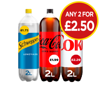 Schweppes Lemonade, Coca Cola Zero, Diet Coke - Any 2 for £2.50 at Budgens