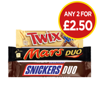 Twix Xtra, Mars Duo, Snickers Duo - Any 2 for £2.50 at Budgens