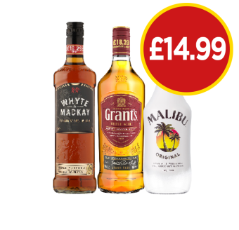 Whyte Mackay, Grants, Malibu - Now Only £14.99 at Budgens