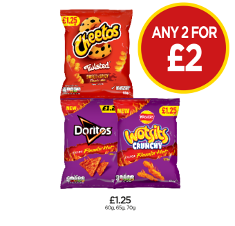 Cheetos Sweet & Spicy, Doritos Extra Flamin Hot, Wotsits Crunchy Extra Flamin Hot - Any 2 for £2 at Budgens