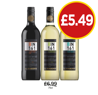 Hardy's Bin 161 Jammy Rich Red, Chardonnay, Pinot Grigio - Now Only £5.49 at Budgens