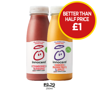 Innocent Smoothies Strawberries & Bananas, Mangoes Passion Fruits & Apples - Now Better Than Half Price Only £1 at Budgens