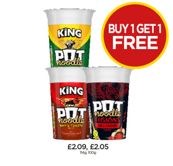 Pot Noodle Chicken & Mushroom, Beef & Tomato, Fusions Chilli Chicken - Buy 1 Get 1 FREE at Budgens