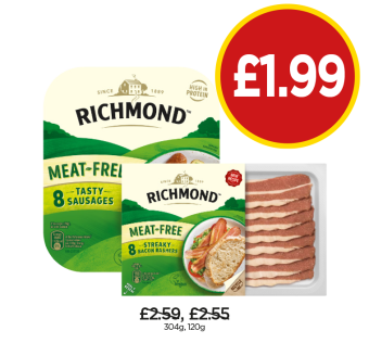 Richmond Meat-Free Sausages, Streaky Bacon - Now Only £1.99 at Budgens