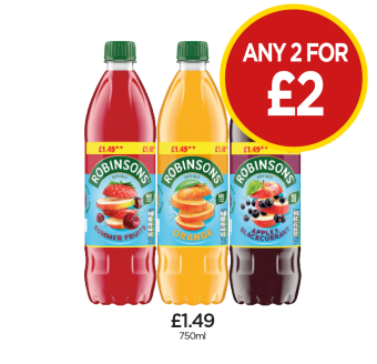 Robinsons Summer Fruits, Orange, Apple & Blackcurrant - Any 2 for £2 at Budgens