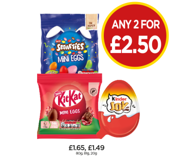 Smarties Mini Eggs, KitKat Mini Eggs, Kinder Joy - Any 2 for £2.50 at Budgens