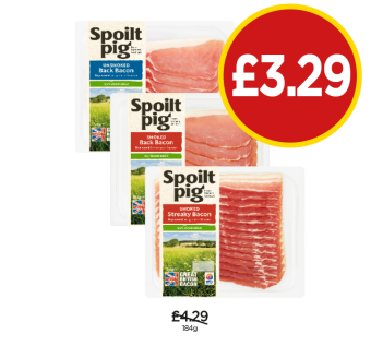 Spoilt Pig Back Bacon Smoked, Unsmoked, Smoked Streay Bacon - Now Only £3.29 at Budgens