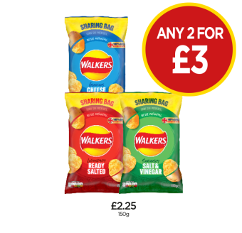 Walkers Cheese & Onion, Ready Salted, Salt & Vinegar - Any 2 for £3 at Budgens