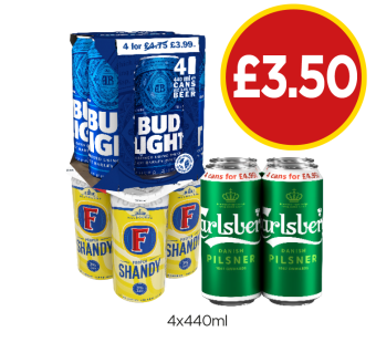 Bud Light, Fosters Shandy, Carlsberg - Now Only £3.50 at Budgens