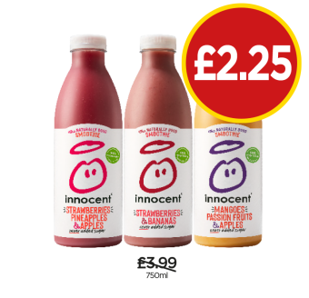 Innocent Strawberries Pineapples & Apples, Strawberries & Bananas, Mangoes Passion Fruits & Apples - Now Only £2.25 at Budgens