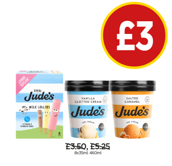 Jude's Vanilla Clotted Cream, Salted Caramel, Little Jude's Milk Lollies - Now Only £3 at Budgens