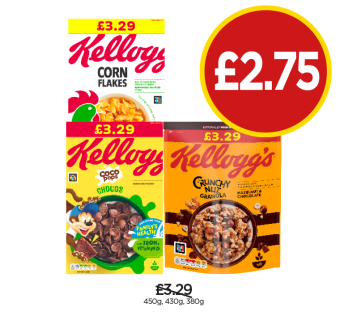 Kelloggs Corn Flakes, Coco Pops Chocos, Crunchy Nut Granola - Now Only £2.75 at Budgens