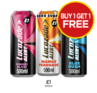 Lucozade Alert Cherry Blast, Mango Peachade, Blue Rush - Buy 1 Get 1 FREE at Budgens