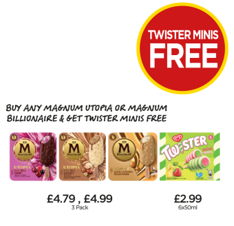 Magnum Utopia, Billionaire, Twister Minis - Buy Any Magnum Utopia Or Billionaire & Get Twister Minis FREE at Budgens