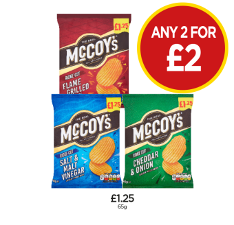 McCoy's Flame Grilled Steak, Salt & Malt Vinegar, Cheddar & Onion - Any 2 for £2 at Budgens