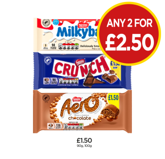 Milkybar, Crunch, Aero Chocolate - Any 2 for £2.50 at Budgens