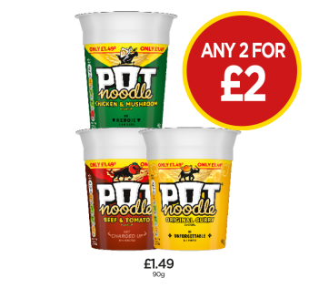 Pot Noodle Chicken & Mushroom, Beef & Tomato, Original Curry - Any 2 for £2 at Budgens