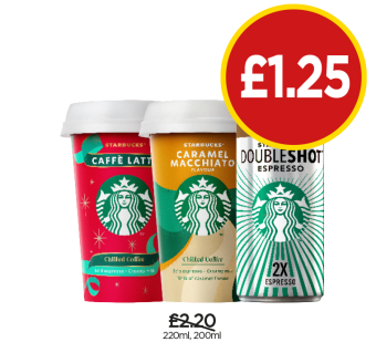 Starbucks Caffè Latte, Caramel Macchiato, Double Shot Espresso - Now Only £1.25 at Budgens