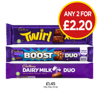 Twirl Xtra, Boost Duo, Dairy Milk Duo - Any 2 for £2.20 at Budgens