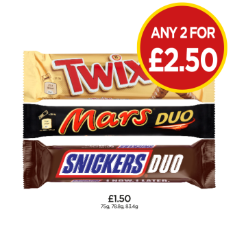 Twix Xtra, Mars Duo, Snickers Duo - Any 2 for £2.50 at Budgens