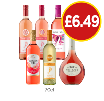 Barefoot Pink Moscato, White Zinfandel, Echo Falls White Zinfandel, Blossom Hill White Zinfandel, Barefoot Riesling, Mateus Rosè - Now Only £6.49 each at Budgens