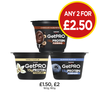 GetPRO Protein Pudding Chocolate Hazelnut, Vanilla, Blueberry - Any 2 for £2.50 each at Budgens