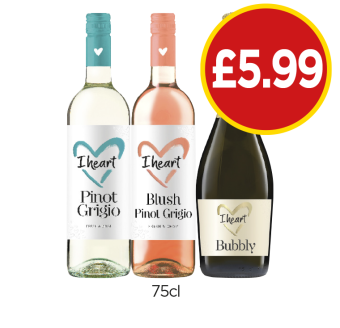 I Heart Wines Pinot Grigio, Blush, Bubbly - Now Only £5.99 each at Budgens