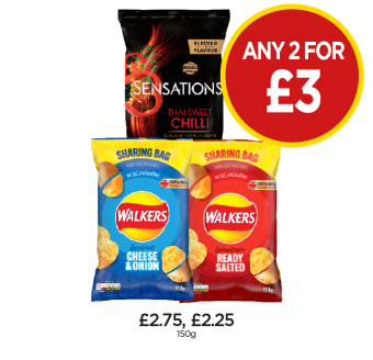 Sensations Thai Sweet Chilli, Walkers Cheese & Onion, Ready Salted - Any 2 for £3 at Budgens
