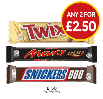 Twix Xtra, Mars Duo, Snickers Duo - Any 2 for £2.50 at Budgens