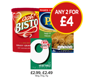 Aah Bisto Gravy Granules, Paxo Sage & Onion, Oxo Vegetable Cubes - Any 2 for £4 at Budgens