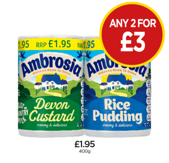 Ambrosia Devon Custard, Rice Pudding - Any 2 for £3 at Budgens