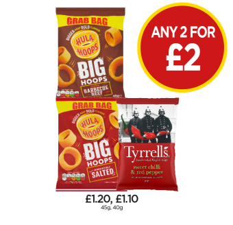 Hula Hoops Barbecue Beef, Ready Salted, Tyyrells Sweet Chilli & Red Pepper - Any 2 for £2 at Budgens