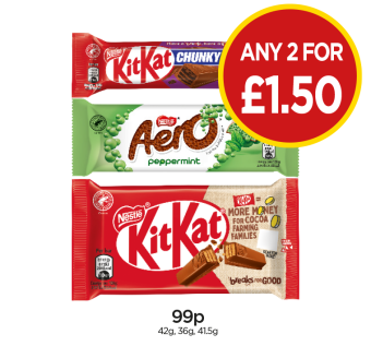 KitKat Chunky Crunchy Double Choc, Aero Peppermint, KitKat - Any 2 for £1.50 at Budgens