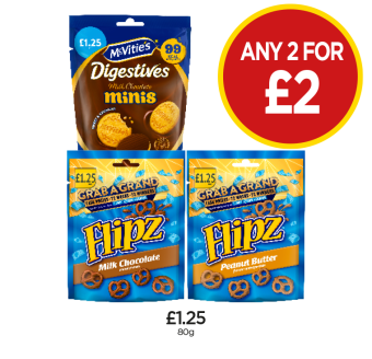 McVitie's Digestives Minis, Flipz Milk Chocolate, Peanut Butter - Any 2 for £2 at Budgens