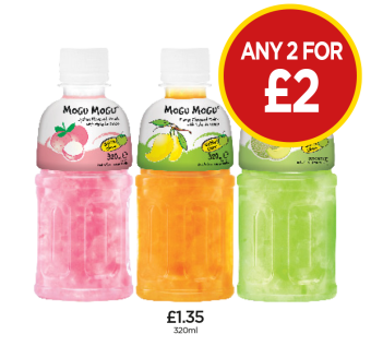 Mogu Mogu Lychee, Mango, Melon - Any 2 for £2 at Budgens