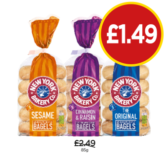 New York Bakery Bagels Sesame, Cinnamin & Raisin, Original - Now Only £1.49 at Budgens