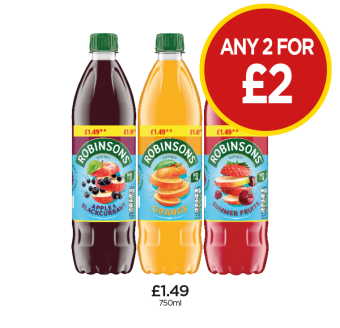 Robinsons Apple & Blackcurrant, Orange, Summer Fruits - Any 2 for £2 at Budgens