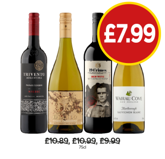 Trivento Malbec, Diablo Chardonnay, 19 Crimes Red Wine, Wairau Cove Sauvignon Blanc - Now Only £7.99 at Budgens