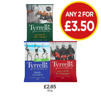 Tyyrells Sea Salt & Vinegar, Lightly Salted, Sweet Chilli & Red Pepper - Any 2 for £3.50 at Budgens