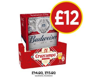 Budweiser, Cruzcampo - Now Only £12 at Budgens